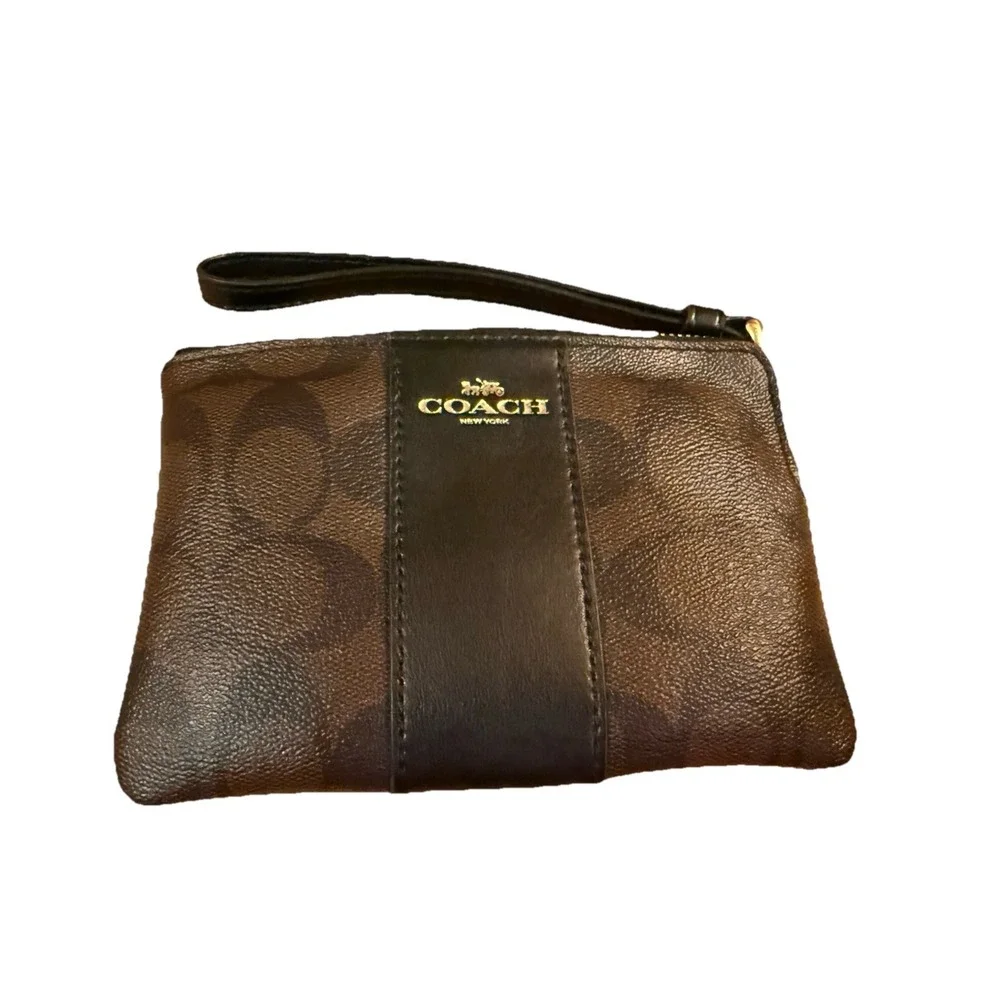 Coach Brown Stripe Logo Wristlet Wallet Corner Zip Coated Canvas‎ Leather